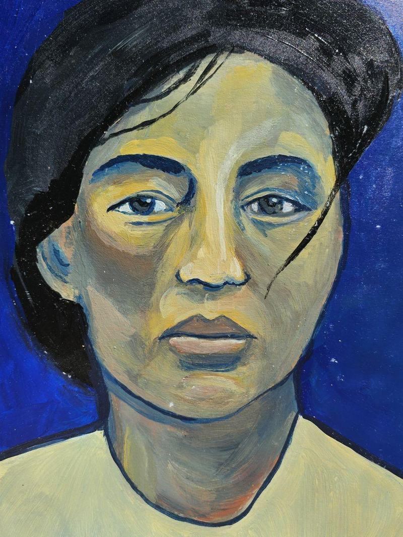 Portrait in Blau und Ocker auf Papier