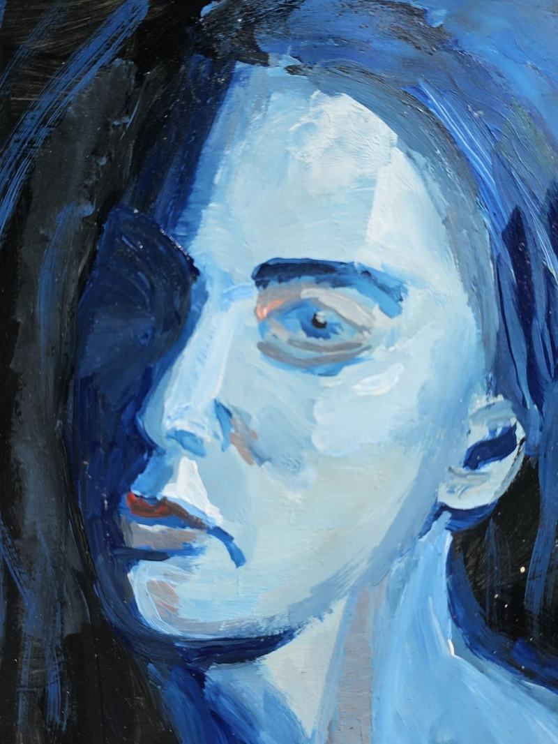 Portrait in Blautönen, mit breitem Pinsel gemalt