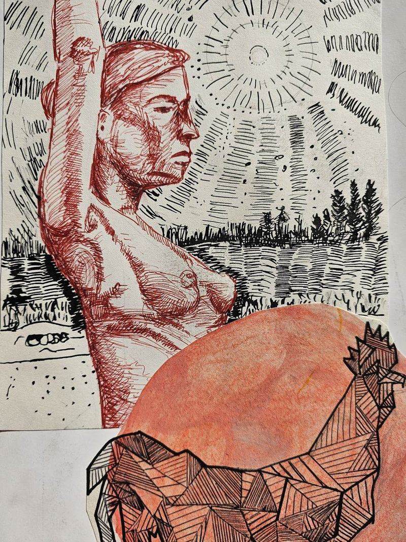 Zeichnung in Rot und Schwarz: Figur, Sonne und Hahn